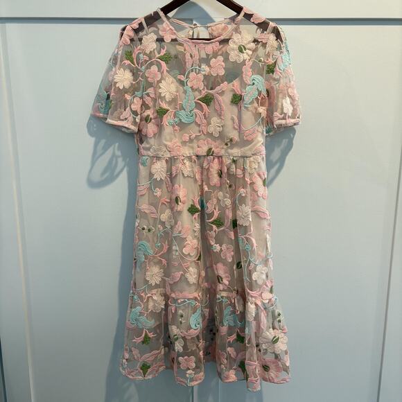 Donna Morgan Dress Womens 6 Pink Blue Green Floral Embroidered Mesh Midi Party - Picture 1 of 15